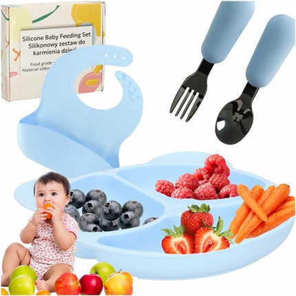 Siliconen Baby Servies Set - 4 Delig Kinder Eetset met Bord Slab Vork en Lepel - Verdeelbord met 3 Vakken - Voedselveilig Siliconen - Antislip en BPA - vrij - Blauw Teddy Design - Seprio