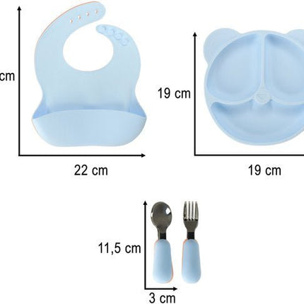 Siliconen Baby Servies Set - 4 Delig Kinder Eetset met Bord Slab Vork en Lepel - Verdeelbord met 3 Vakken - Voedselveilig Siliconen - Antislip en BPA - vrij - Blauw Teddy Design - Seprio