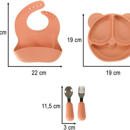 Siliconen Baby Servies Set - 4 Delig Kinder Eetset met Bord Slab Vork en Lepel - Verdeelbord met 3 Vakken - Voedselveilig Siliconen - Antislip en BPA - vrij - Roze Teddy Design - Seprio