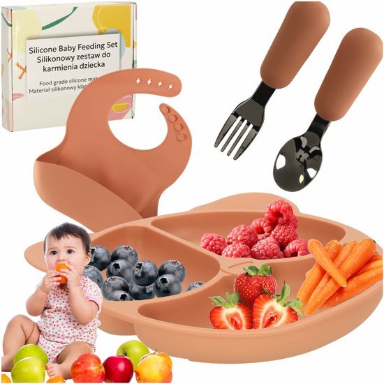 Siliconen Baby Servies Set - 4 Delig Kinder Eetset met Bord Slab Vork en Lepel - Verdeelbord met 3 Vakken - Voedselveilig Siliconen - Antislip en BPA - vrij - Roze Teddy Design - Seprio