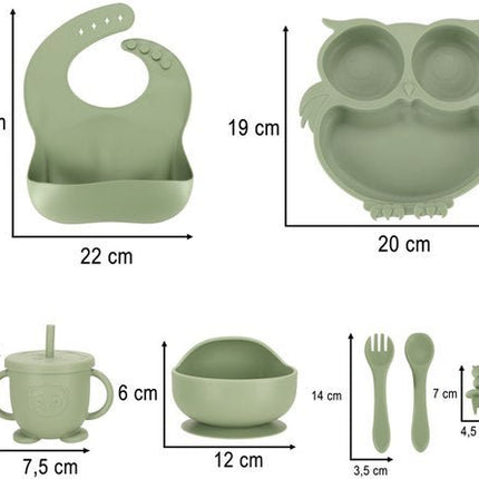 Siliconen Baby Servies Set - 8 Delig Kinder Eetset met Bord Kom Beker met Rietje Slab en Bestek - Uil Design - Met Zuignap - BPA - vrij - Antislip Kinderservies - Groen - Seprio