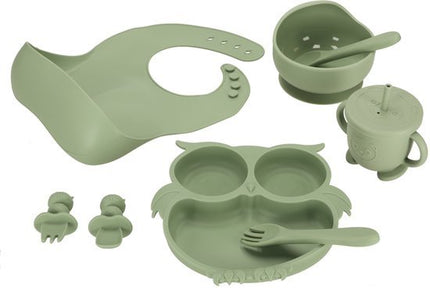Siliconen Baby Servies Set - 8 Delig Kinder Eetset met Bord Kom Beker met Rietje Slab en Bestek - Uil Design - Met Zuignap - BPA - vrij - Antislip Kinderservies - Groen - Seprio