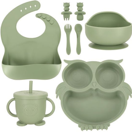 Siliconen Baby Servies Set - 8 Delig Kinder Eetset met Bord Kom Beker met Rietje Slab en Bestek - Uil Design - Met Zuignap - BPA - vrij - Antislip Kinderservies - Groen - Seprio