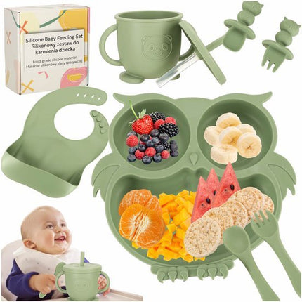 Siliconen Baby Servies Set - 8 Delig Kinder Eetset met Bord Kom Beker met Rietje Slab en Bestek - Uil Design - Met Zuignap - BPA - vrij - Antislip Kinderservies - Groen - Seprio