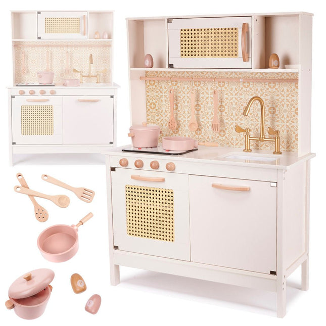 Speelkeuken Hout Roze - Boho - Retro - Kinderkeuken incl. 8 Speelgoed Keukenaccessoires - Luxe en Compleet - Premium - Seprio