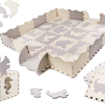 Speelmat Baby XL - 150 x 150 cm - 36 - delige Puzzel - Foam - Opvouwbaar - Tegels - Speeltapijt - Multicolor - Dieren - Creme Kleurig - Seprio