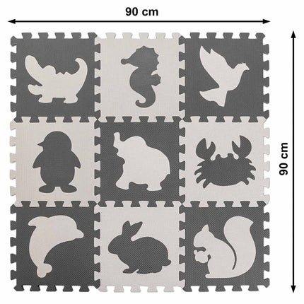 Speelmat Baby XL - 85x85cm - 9 - delige Puzzelmat - Foam - Opvouwbaar - Tegels - Speeltapijt - Dieren - Schuimmat - Grijs/Wit - Dieren - Seprio