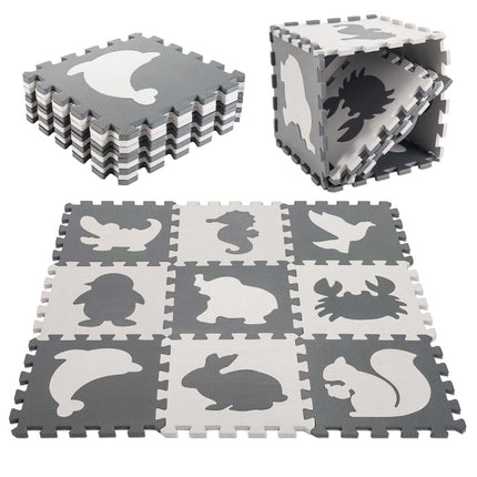 Speelmat Baby XL - 85x85cm - 9 - delige Puzzelmat - Foam - Opvouwbaar - Tegels - Speeltapijt - Dieren - Schuimmat - Grijs/Wit - Dieren - Seprio