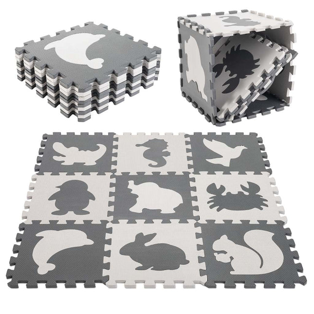 Speelmat Baby XL - 85x85cm - 9 - delige Puzzelmat - Foam - Opvouwbaar - Tegels - Speeltapijt - Dieren - Schuimmat - Grijs/Wit - Dieren - Seprio