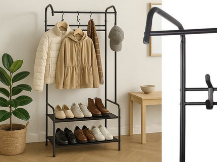 Staande Kapstok met Schoenenrek - 165 cm - 4 Dubbele Haken - 2 Schoenenplanken - Metalen Hal Organizer - 60 cm Breed - Zwart - Seprio