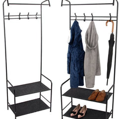 Staande Kapstok met Schoenenrek - 165 cm - 4 Dubbele Haken - 2 Schoenenplanken - Metalen Hal Organizer - 60 cm Breed - Zwart - Seprio