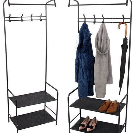 Staande Kapstok met Schoenenrek - 165 cm - 4 Dubbele Haken - 2 Schoenenplanken - Metalen Hal Organizer - 60 cm Breed - Zwart - Seprio