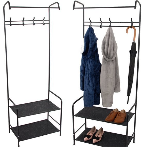 Staande Kapstok met Schoenenrek - 165 cm - 4 Dubbele Haken - 2 Schoenenplanken - Metalen Hal Organizer - 60 cm Breed - Zwart - Seprio