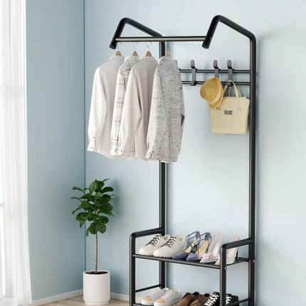 Staande Kapstok met Schoenenrek - 165 cm - 4 Dubbele Haken - 2 Schoenenplanken - Metalen Hal Organizer - 60 cm Breed - Zwart - Seprio