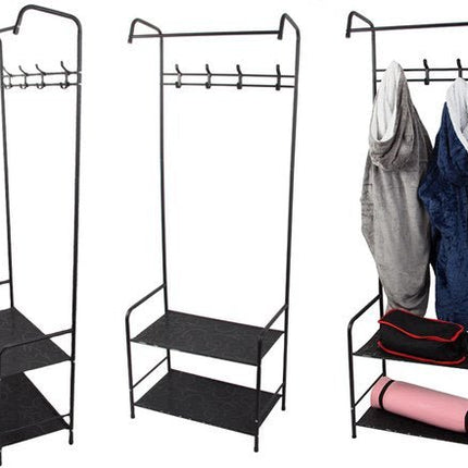Staande Kapstok met Schoenenrek - 165 cm - 4 Dubbele Haken - 2 Schoenenplanken - Metalen Hal Organizer - 60 cm Breed - Zwart - Seprio