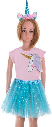 Unicorn Verkleedset Kind – Carnaval Outfit met Glitters & Tutu Rok – Blauw – Unicorn Kostuum voor Meisjes - Seprio
