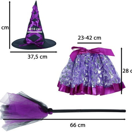 Verkleedkleding - Heks - Heksenpakje inc. Bezem en Heksenhoed - Verkleedkleren Jongens & Meisjes - 3 t/m 8 Jaar - Paars - Seprio