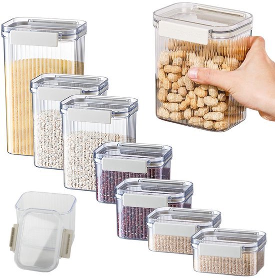 Voorraadpotten - 7 Stuks Voorraadbussen - Voorraadpotten met Luchtdichte Deksels - Kunststof - BPA vrij - Ribbel Design - Stapelbaar - Seprio